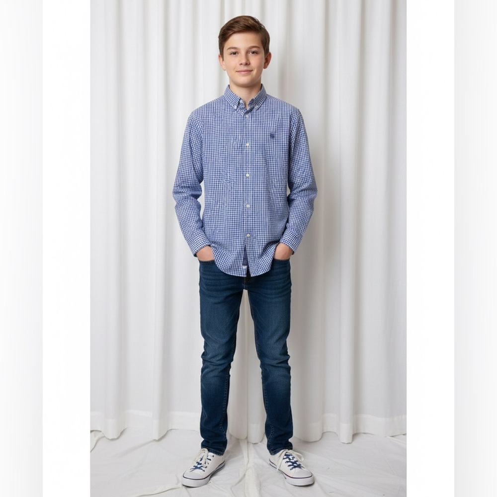 Chaps- Boy’s Button Down Blue Checkered Shirt (Size L)